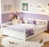 Bellemave Full Size Floor Bed with high Fence, Solid Pine Wood Montessori Bed for Kids Girls Boys Floor Bed Frame, White with slats