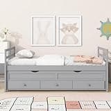 Twin Size Bed with Headboard, Footboard, Trundle and Three Storage Drawers, Twin Size Pine Wood Bed with Headboard, Footboard,Grey