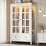 Gyfimoie Armoire Wardrobe Closet with LED Lights, 55'' Modern Clothing Storage Cabinet with Glass Doors and Drawer, Large Wardrobe Cabinet with Hanging Rod for Bedroom