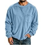 Mens Corduroy Crewneck Sweatshirt Long Sleeve Loose Soft Warm Shirts Fall Winter Comfy Trendy Casual Pullover Top Light Blue