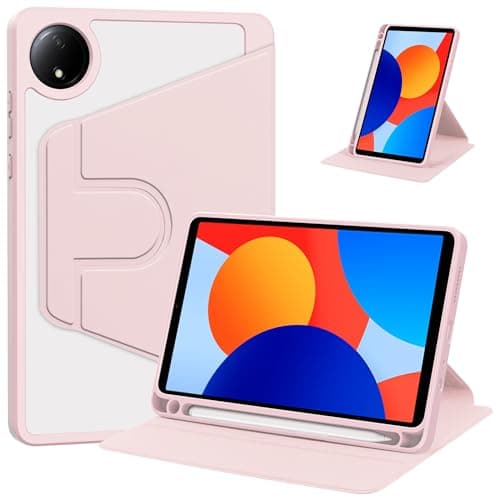ZAGLDD Rotating Case for Xiaomi Redmi Pad SE 8.7'' 2024– with Pencil Holder, Clear Hard Back Cover, 360° Rotating Stand & Auto Wake/Sleep(Pink)