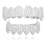 Silver Iced Out Grillz for Men and Women – Full Top & Bottom Teeth Grills with Rhinestones, One Size Fits Most, Includes Silicone Molding Bars for Hip Hop Rap Rapper Costume Accessories Party Jewelry