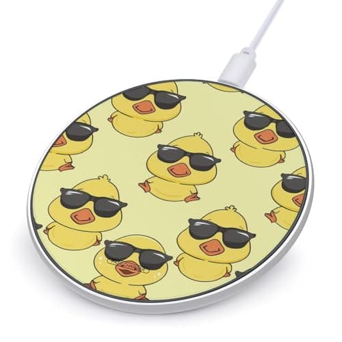 Cute Yellow Duck with Glasses Wireless Charging Pad 10W Max Fast with USB Cable for iPhone Series and Most Phone (No AC Adapter)