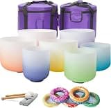 7-Piece 432 Hz Frosted Quartz Chakra Singing Bowls, 8-14 Inch with Mallet Pad Bag for Meditation Sound Healing