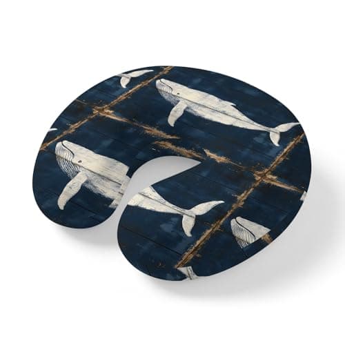 Yaiikkvbaa Ocean Blue Whale Neck Pillow Memory Foam U Shaped Travel Pillow, Summer Coastal Vintage Wood Grain Neck Support Pillows Decorative Headrest Cushion for Airplane Sleeping Car Office
