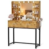 YESHOMY Vanity Desk with Mirror, Makeup Table with 2 Large Drawers, Power Outlet and Round Holder, 3 Color Modes Adjustable Bulb, Rustic Brown & Black Frame