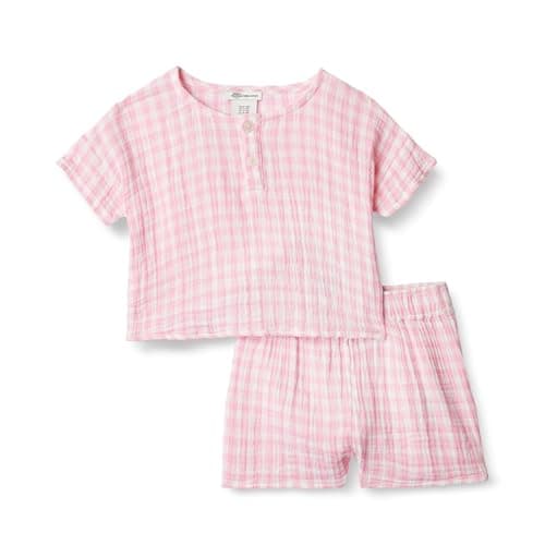 Amazon Essentials x Sofia Grainge Unisex Babies' Cotton Gauze Shirt & Shorts Play Set, Pink Gingham, 3-6 Months