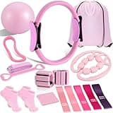 Pilates Ring and Ball Set, Home Pilates Equipment for Women with Resistance Bands, 12'' Magic Circle, 9.8'' Ball, for Strength, Toning and Flexibility, Fitness Essentials Starter Accessories (Pink)