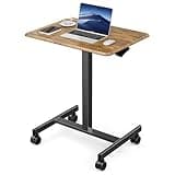 DUMOS Small Standing Desk Mobile Portable Rolling Laptop PC Table on Wheels Adjustable Height Computer Workstation for Home Office, 19 Inch, Modern Brown