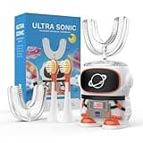 PANDERRY Children's Electric Toothbrush, Cute Dinosaur Design, Blue, with 2 Brush Heads and 2 U-Shaped Brush Heads
