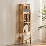 Floor-Standing Bookcase Wooden Frame with Imitation Rattan Weave Compact Multi-Layer Storage Organizer for Home Office Creative idea(Natural,143.5 cm)