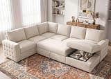 HONBAY Sectional Couch with Pull Out Bed, Sectional Sleeper Sofa with Storage, U Shape Couches for Living Room, Velvet Beige