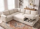 HONBAY Sectional Couch with Pull Out Bed, Sectional Sleeper Sofa with Storage, U Shape Couches for Living Room, Velvet Beige