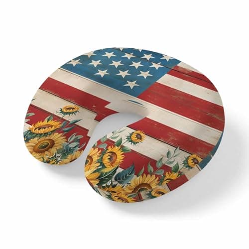 Red Blue American Flag Travel Neck Pillow Memory Foam,Hand Neck Support Airplane Pillow for Traveling Bed Car Office Home,Sunflower US Flag Vintage Flight Pillows with Removable & Washable Cover
