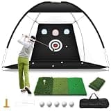 Golf Net, 10x7FT Home Golf Hitting Aids Equipment with Foldable Tri-Turf Mat for Backyard Driving Chipping Swing with Training Target/Balls/Tee for Outdoor Indoor, Gifts for Men Him Dad Golfers