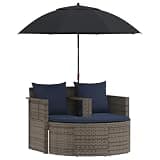 YUOGHRTFE Modern Poly Rattan Garden Sofa with Cushions Grey Navy Blue, Patio Sofa Set with Parasol Bench Stool