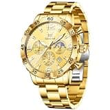 OLEVS Gold Watch Men Luxury All Gold Stainless Steel Watch for Men Chronograph Fashion Business Quartz Analogo Relojes para Hombres con Calendario Fase Lunar