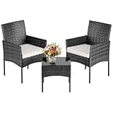 DUMOS 3-Piece Patio Furniture Set, All-Weather Outdoor Wicker Chairs with Removable Cushions & Tempered Glass Table, Small Bistro Set for Porch, Balcony, Lawn, Backyard, Black