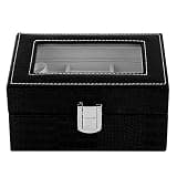 AIToWisely Portable Retro Style Jewelry Storage Box, Jewelry Organizer with Transparent Glass Lid, PU Leather Rings Display Case with Soft Pearly Velvet Lining for Women and Girls (Black)