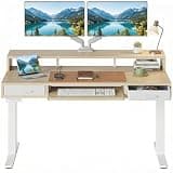 HUANUO 55″ x 26″ Electric Standing Desk with 2 Drawers &24.4″ Large Keyboard Tray, C-Clamp Mount Compatible, Adjustable Computer Desk for Office, Sit Stand Up Desk with 4 Height Presets, Light Walnut