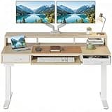 HUANUO 55″ x 26″ Electric Standing Desk with 2 Drawers &24.4″ Large Keyboard Tray, C-Clamp Mount Compatible, Adjustable Computer Desk for Office, Sit Stand Up Desk with 4 Height Presets, Light Walnut