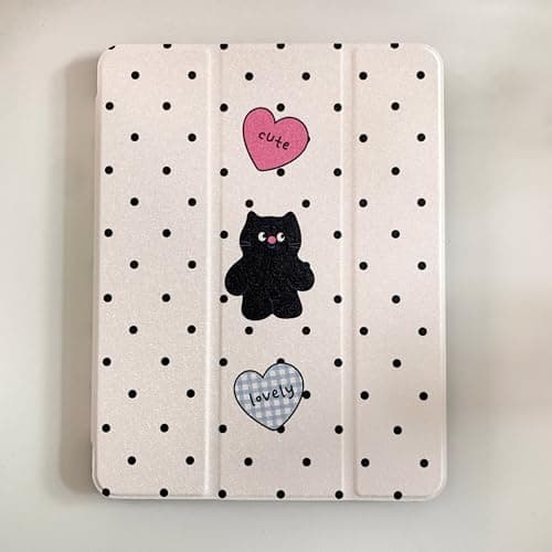Hard PU Leather Mirror Back Folio Case with Triple Adjustable Kickstand for Apple Black Polka Dots Check Heart Cat Kitty Cream White Cute Lovely Girls (for iPad Mini 6 8.3-inch 6th Generation 2021)