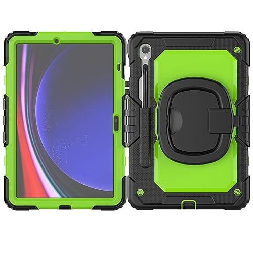 Eco-Friendly Leather for Samsung Galaxy Tab S10 FE 11" SM-X520/ X526B/ X528U 2025 Case with Screen Protector, Full Body Protective Rugged Cover Rotating Handle Silicone Anti-Scratch(Green PC)