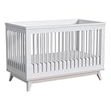 Pemberly Row Contemporary Cottage Crib, 36.5 in H x 51.25 in W x 30 in D, Solid Wood, Ash Linen White Finish, Steel Spring Mattress Support, 3 Height Adjustments, Nursery Furniture for Baby Bedroom