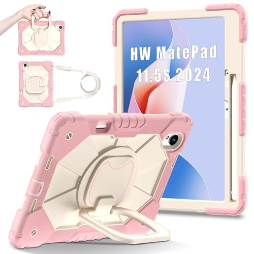 FONREST Rugged Case for Huawei MatePad 11.5" S 2024 with Pencil Holder Rotating Hanging Ring Handle Swivel Kickstand, Heavy Duty Shock-Proof Armor Cover with Shoulder Strap (Pink)
