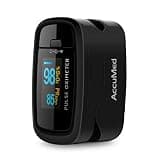 AccuMed CMS-50D1 Fingertip Pulse Oximeter Blood Oxygen Sensor SpO2 for Sports and Aviation. Portable and Lightweight with LED Display, 2 AAA Batteries, Lanyard and Travel Case (Black)