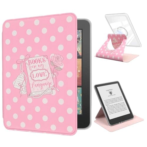 Rotating Case for 7" Kindle Paperwhite 12th Generation 2024 & Kindle Colorsoft 2025, Clear Back Detachable Magnetic Protective Stand Cover, Books are My Love Language