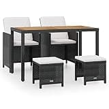 mtlskopl 5-Piece Outdoor Dining Set, PE Rattan Patio Furniture Set with Acacia Wood Table, 2 Chairs, 2 Stools and 6 Cushions for Backyard Garden, Black and Cream White