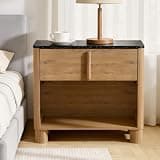 27" Wide Nightstand with Drawer and Open Shelf, Faux Marble & Wood Bedside Table, Modern Curved Side Table with Rounded Body and Cylindrical Legs, Large End Table for Bedroom,Walnut