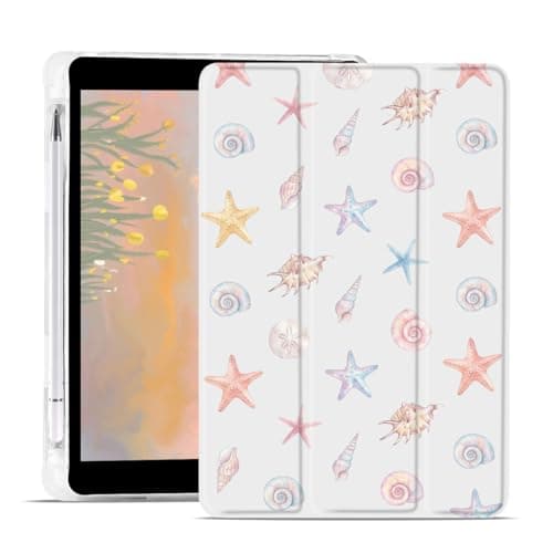 AdorableWhimsy Cute Seashell Case for iPad 9th/7th/8th Generation 10.2" (for iPad 2021/2020/2019) Starfish Ocean Trifold Tablet Protective Case White Leather Soft Back Cover with Pencil Holder