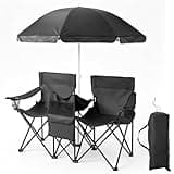 Novire Double Folding Camping Chair with Umbrella, Mini Table, Beverage Holder, Carrying Bag, Cooler - Portable for Beach, Patio, Pool, Park, Outdoor Picnic (Black, Oxford Cloth)