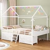 ADORNEVE Full Bed Frame with 6 Drawers,Metal House Girls Bed,White