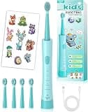 JTF Rechargeable Electric Toothbrush for Kids: 5 Gentle Modes for Ages 3+, Safe & Effective for Sensitive Teeth - with Fun DIY Stickers, 4 Soft Brush Heads, Children Sonic Toothbrush for Home & School