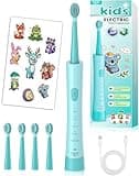 JTF Rechargeable Electric Toothbrush for Kids: 5 Gentle Modes for Ages 3+, Safe & Effective for Sensitive Teeth - with Fun DIY Stickers, 4 Soft Brush Heads, Children Sonic Toothbrush for Home & School