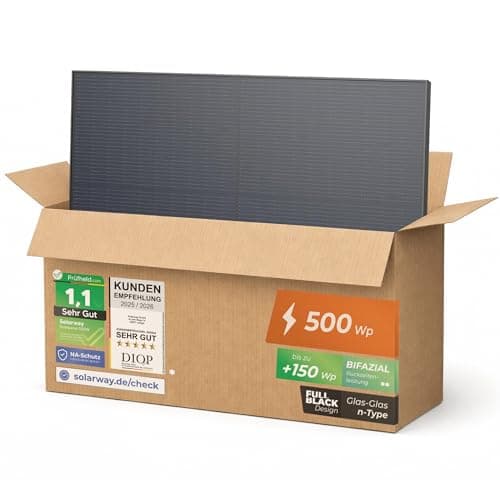 Solarway 500 W Solar Panel Full Black Bifacial Glass/Glass PV Panel with Positive Power Tolerance of 0-5 Watt, N-Type, Suitable for Balcony Power Station (8 Panels)