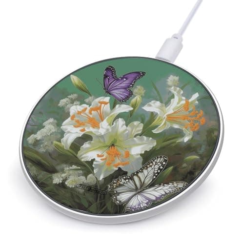Lilies and Butterfly Wireless Charger 10W Max Fast Wireless Charging Pad Lightweight Charging Station Portable Ultra Slim Charger Mat for Most Phone for Travel Home Office Desk