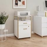 Secsofier Rolling File Cabinet with Locking Drawer, 2 USB Ports & Outlet, Locking Wheels, White & Gold, 15.75" W X 15.75" D X 26" H