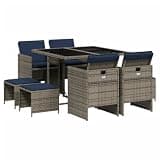 Grey Poly Rattan 9 Piece Garden Dining Set with Cushions, Folding Chairs and Tempered Glass Table for Patio Backyard