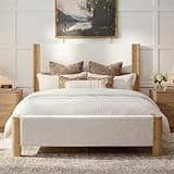 Yechen Queen Size Bed Frame with 51'' Tall Headboard, Upholstered Bedframe with Solid Wood Curved Wingback, Wooden Platform Bed with Natural Pine Posts, No Box Spring Needed, Easy Assembly, White