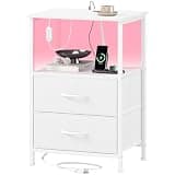 Somdot White Nightstand with Charging Station and LED Light for Bedroom, 2 Drawers Dresser with Fabric Bins for Bedside Kids Dorm Room Closet Laundry Entryway, White Leather