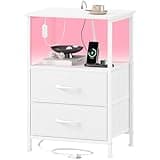 Somdot White Nightstand with Charging Station and LED Light for Bedroom, 2 Drawers Dresser with Fabric Bins for Bedside Kids Dorm Room Closet Laundry Entryway, White Leather