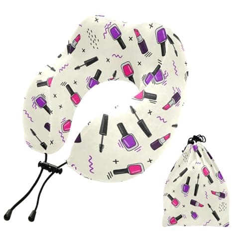 SPRIPORT Beauty Lipstick Beige Print Travel Neck Pillow for Sleeping Airplane Memory Foam Neck Support Pillow with Storage Bag Adjustable Pillow for Home Office Long Flight Car Train Bus Adults Kids