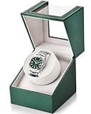 UnaMela Watch Winder for Automatic Watches: Automatic Single Watch Winder Box in Green PU Leather with Japanese Quiet Motor USB Powered - Gift for Men & Women