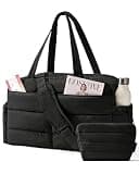BAGSMART Gym Bag for Women, Lightweight Puffer Duffle Bag 2-PC Travel Bag, 31L Weekender Overnight Bag Quilted Carry On Tote Bag, Diaper Hospital Dance Bag for Travel, Gym, Water Resistant, Black