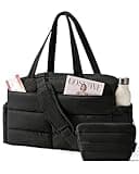 BAGSMART Gym Bag for Women, Lightweight Puffer Duffle Bag 2-PC Travel Bag, 31L Weekender Overnight Bag Quilted Carry On Tote Bag, Diaper Hospital Dance Bag for Travel, Gym, Water Resistant, Black