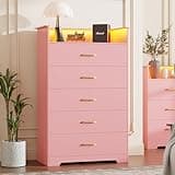 Garvee 5 Drawer Dresser for Bedroom - 51” Tall Vertical Chest of Drawers with LED Light and Charging Station, Modern Organizer Cabinet with Open Shelf for Living Room, Entryway, Hallway, Pink